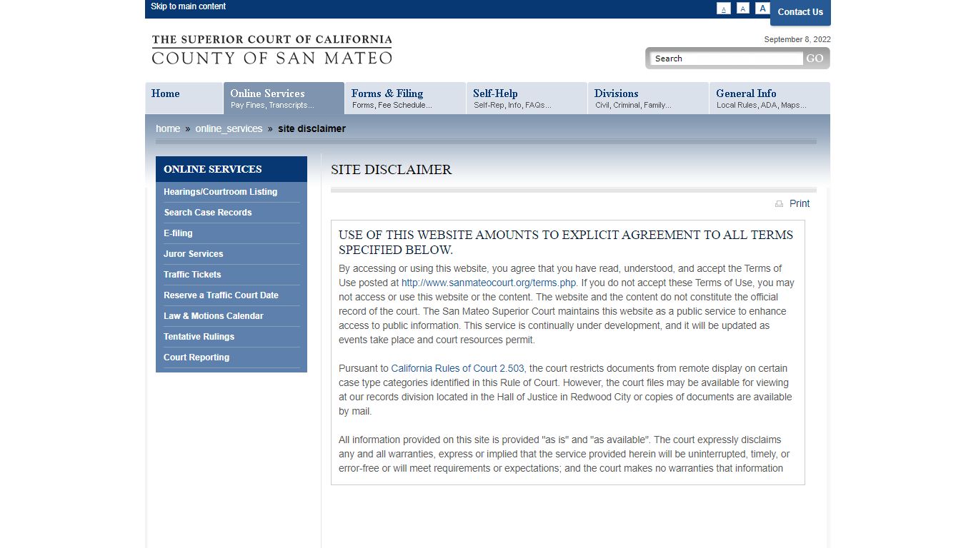 Site Disclaimer for MIDX and Open Access - San Mateo County Superior Court