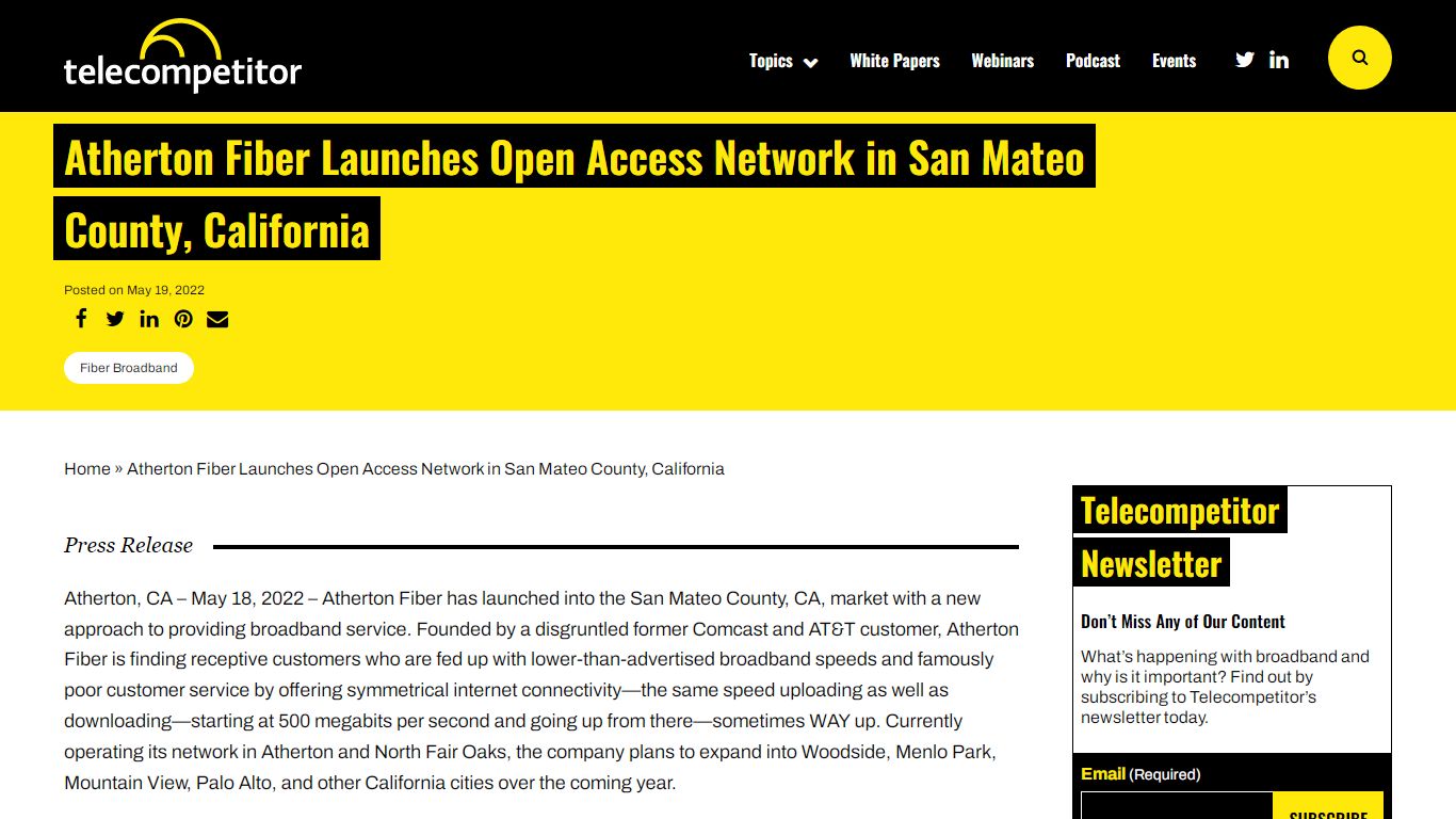 Atherton Fiber Launches Open Access Network in San Mateo County